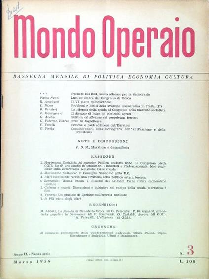 Mondo Operaio Anno IX, N. 3/Marzo 1956 - copertina