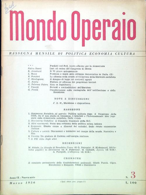 Mondo Operaio Anno IX, N. 3/Marzo 1956 - copertina