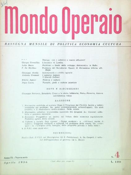 Mondo Operaio Anno IX, N. 4/Aprile 1956 - copertina