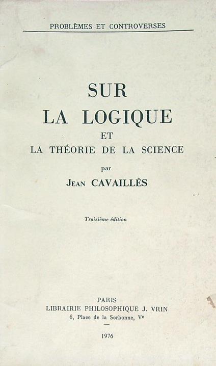 Sur la logique et la theorie de la science - Jean Cavaillès - copertina