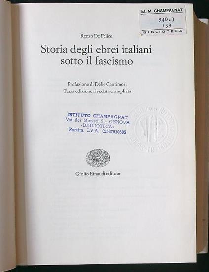 Storia degli ebrei italiani sotto il fascismo - Renzo De Felice - copertina