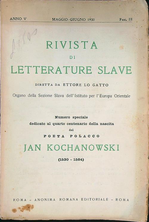 Rivista di letterature slave - fascicolo III/maggio-giugno 1930 - Ettore Lo Gatto - copertina