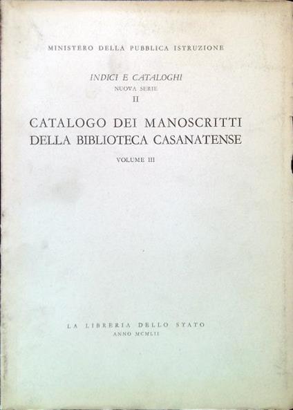 Catalogo dei manoscritti della Biblioteca Casanatense Vol. III - copertina