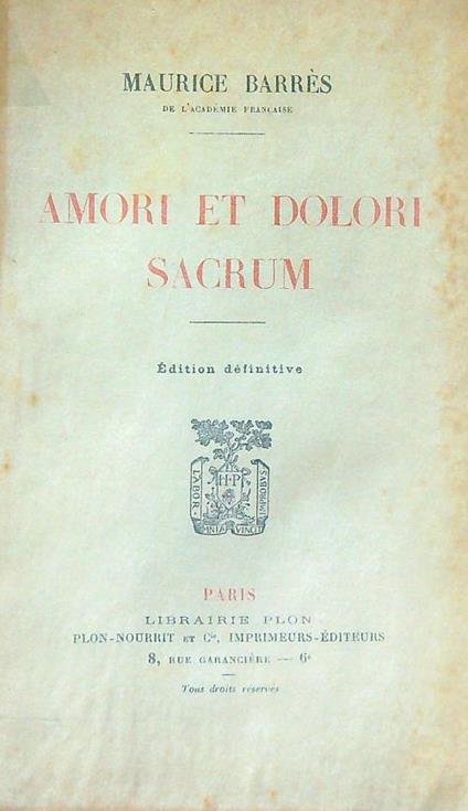 Amori et dolori sacrum - Maurice Barres - copertina