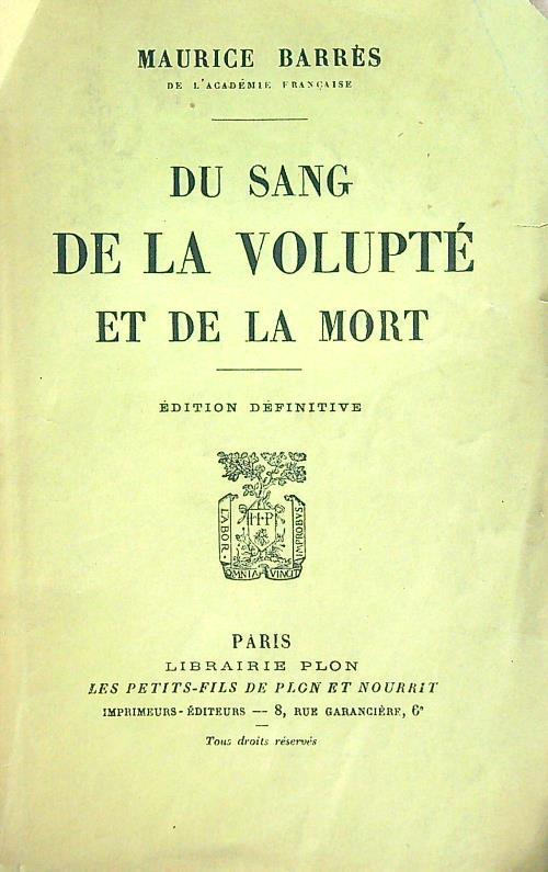 Du sang de la voluptè et de la mort - Maurice Barres - copertina