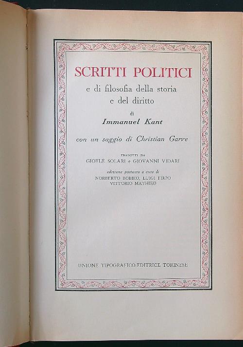 Scritti politici e di filosofia della storia e del diritto - Immanuel Kant - copertina