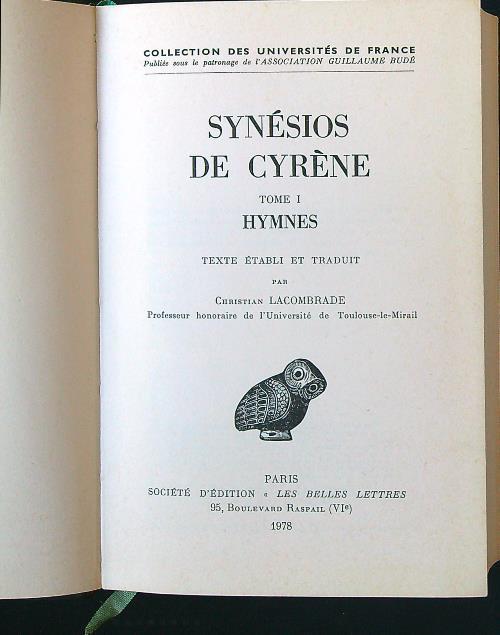 Synesios de Cyrene tome 1 Hymnes - Christian Lacombrade - copertina