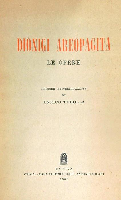Le opere - Dionigi Areopagita - copertina