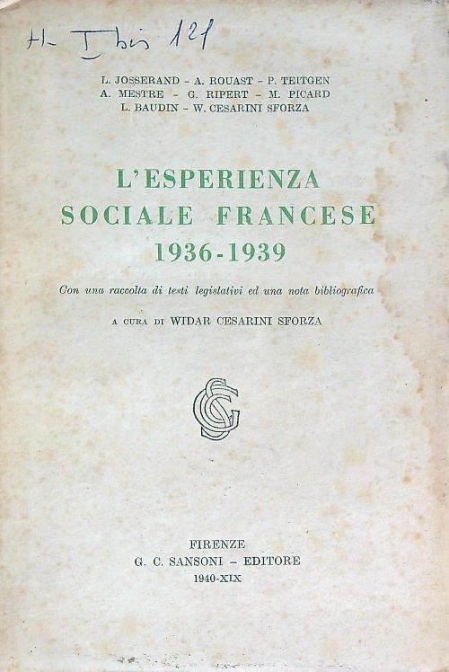 L' esperienza sociale francese 1936-1939 - Widar Cesarini Sforza - copertina