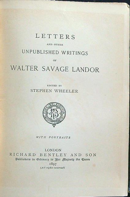 Letters and other unpublished writings of Landor - Stephen Wheeler - copertina