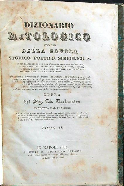 Dizionario mitologico ovvero della favola tomo II - Declaustre - copertina