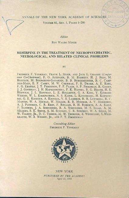 Reserpine in the Treatment of Neuropsychiatric, Neurological, and Related Clinical Problems - Frederick F. Yonkman - copertina