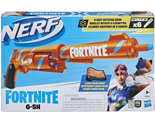 Nerf Fortnite  - 6 Shooter (blaster in colorazione Camo Pulse con caricamento con percussore caricatore a tamburo da 6 dardi