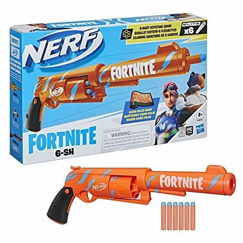 Nerf Fortnite  - 6 Shooter (blaster in colorazione Camo Pulse con caricamento con percussore caricatore a tamburo da 6 dardi - 6