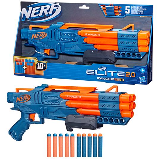 Nerf Elite 2.0 - Ranger PD-5, blaster a raffica a 5 canne con azione a pompa, include 10 dardi originali Nerf Elite