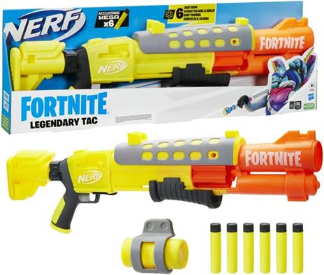 Nerf Fortnite - Legendary TAC, blaster con tamburo a 6 dardi e caricamento a pompa, include 6 dardi Nerf Mega Accustrike - 3