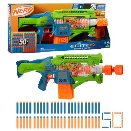 Nerf elite 2.0, blaster lancia-dardi double punch, 50 dardi nerf elite, 2 caricatori da 10 dardi, dagli 8 anni in su