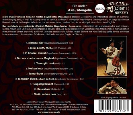 The Art of the Mongolian Khoomii. Throat Singing - CD Audio di Bayarbaat Davaasuren - 2