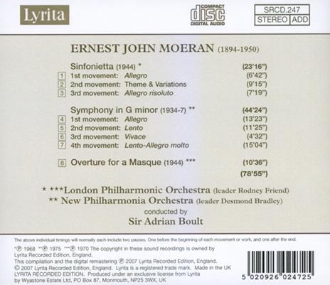 Sinfonietta - Sinfonia in Sol minore - Overture for a Masque - CD Audio di Sir Adrian Boult,London Philharmonic Orchestra,Ernest John Moeran - 2