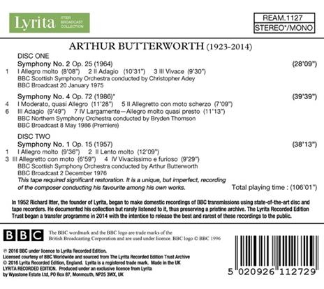 Sinfonia n.1, n.2, n.4 - CD Audio di BBC Scottish Symphony Orchestra,Bryden Thomson,Arthur Butterworth - 2