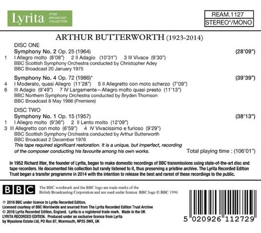 Sinfonia n.1, n.2, n.4 - CD Audio di BBC Scottish Symphony Orchestra,Bryden Thomson,Arthur Butterworth - 2