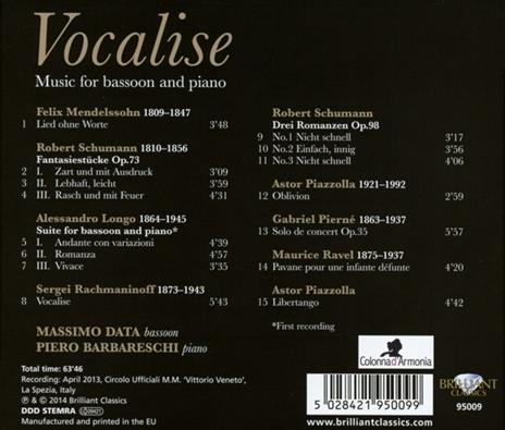 Vocalise. Opere per fagotto e pianoforte - CD Audio di Massimo Data,Piero Barbareschi - 2