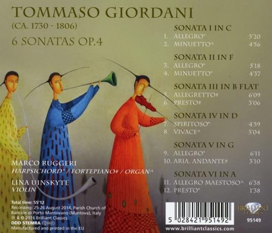 Sonate op.4 n.1, n.2, n.3, n.4 n.5, n.6 - CD Audio di Tommaso Giordani - 2