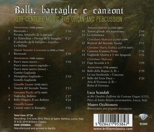 Balli, battaglie e canzoni. Musica per organo e percussioni del XVI secolo - CD Audio di Luca Scandali - 2