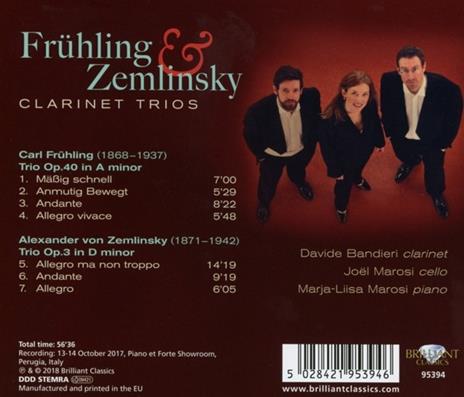 Trio con clarinetto op.40 - Trio per clarinetto violoncello e pianforte Op.3 - CD Audio di Alexander Von Zemlinsky,Carl Frühling,Davide Bandieri - 2