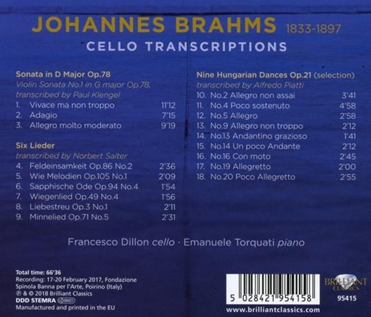 Musica per violoncello e pianoforte - CD Audio di Johannes Brahms,Francesco Dillon,Emanuele Torquati - 2