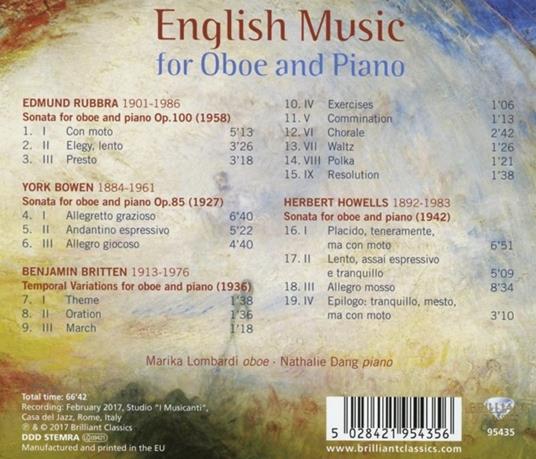 Musica inglese per oboe e pianoforte - CD Audio di Edmund Rubbra,Edwin York Bowen,Marika Lombardi - 2