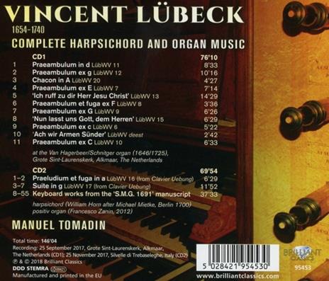 Musica completa per clavicembalo e organo - CD Audio di Vincent Lübeck,Manuel Tomadin - 2