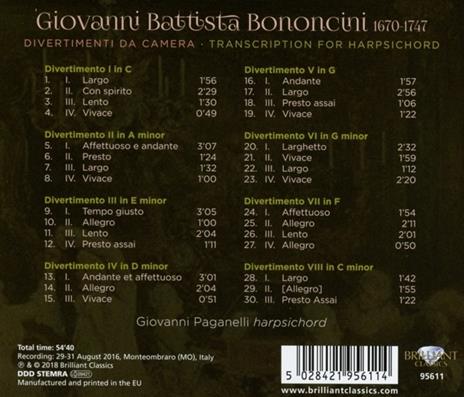 Divertimenti da camera. Trascrizione per clavicembalo - CD Audio di Giovanni Battista Bononcini,Giovanni Paganelli - 2
