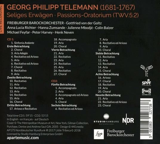 Das Selige Erwagen. Passions Oratorium - CD Audio di Georg Philipp Telemann,Freiburger Barockorchester - 2