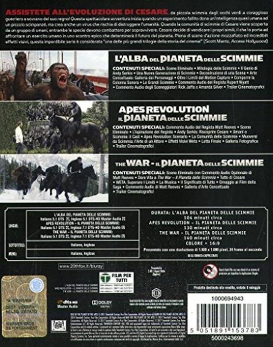 pianeta delle scimmie. La trilogia (3 Blu-ray) - Blu-ray - Film di Matt  Reeves , Rupert Wyatt Fantasy e fantascienza | IBS