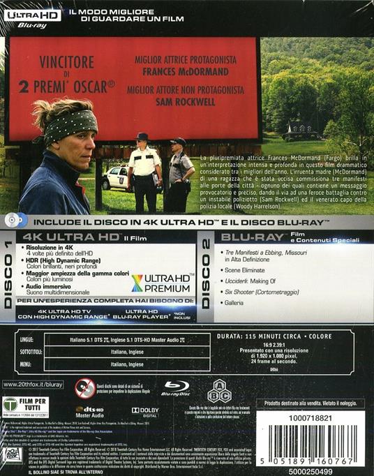 Tre manifesti a Ebbing, Missouri (Blu-ray + Blu-ray 4K Ultra HD) - Blu-ray  + Blu-ray Ultra HD 4K - Film di Martin McDonagh Drammatico | IBS