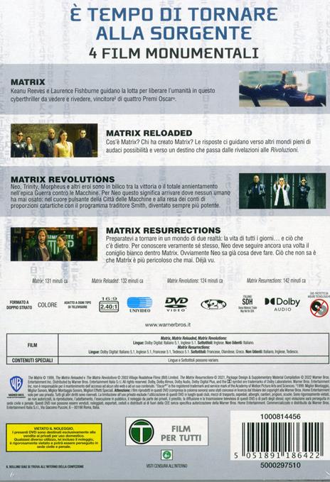 Matrix 4 Film Collection (4 DVD) di Larry Wachowski,Andy Wachowski,Lana Wachowski - 2