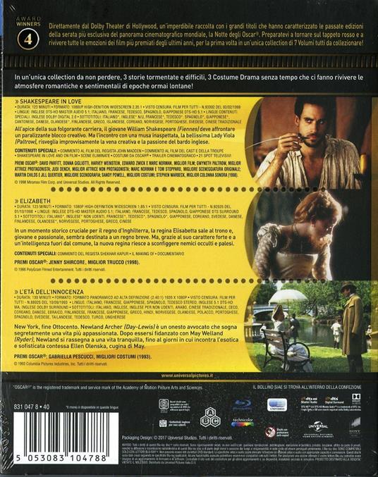 Shakespeare in Love. Elizabeth. L'età dell'innocenza. Oscar Collection (3  Blu-ray) - Blu-ray - Film di Shekar Kapur , John Madden Drammatico | IBS