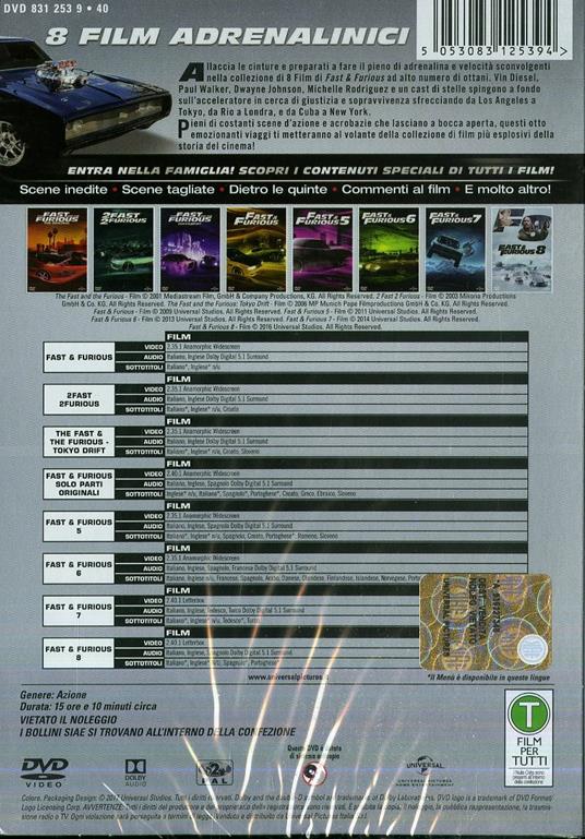 Fast and Furious. 8 Movies Collection (8 DVD) - DVD - Film di Rob Cohen ,  F. Gary Gray Azione | IBS