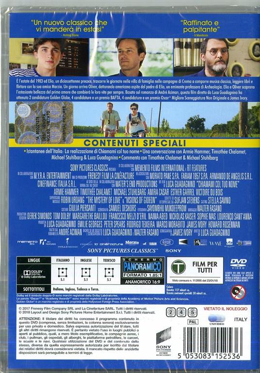 Chiamami col tuo nome (DVD) - DVD - Film di Luca Guadagnino Drammatico