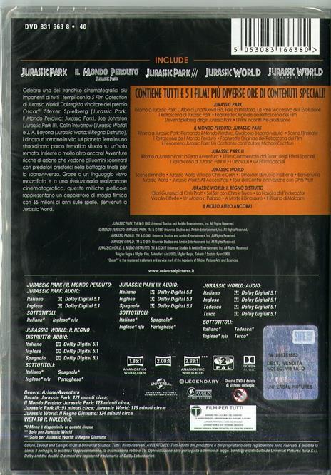 Jurassic Park. 5 Movie Collection (5 DVD) di Joe Johnston,Steven Spielberg,Colin Trevorrow,Juan Antonio Bayona - 2