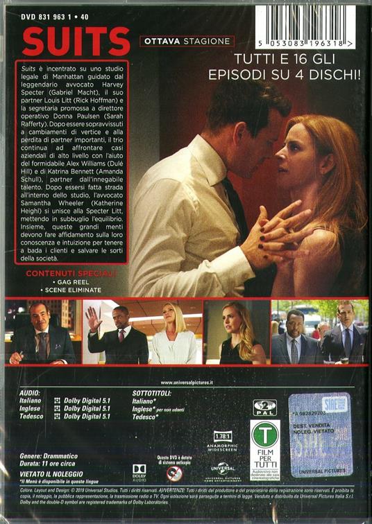 Suits. Stagione 8. Serie TV ita (DVD) di Kevin Bray,Michael Smith,John Scott - DVD - 2