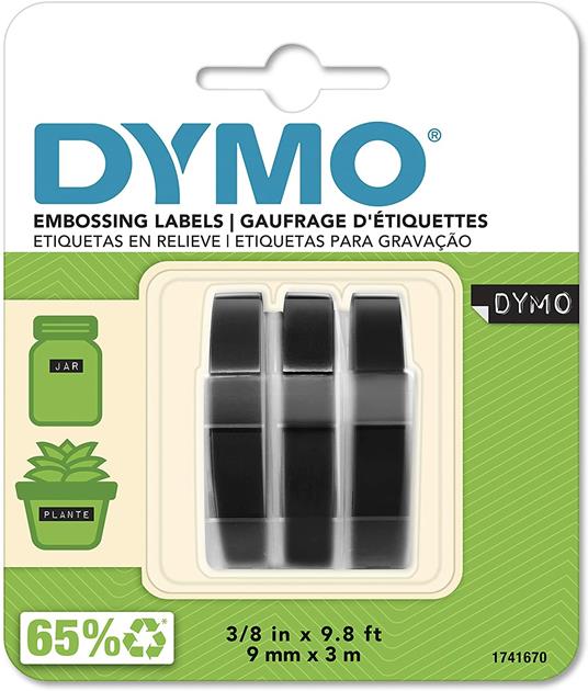 Dymo S0847730 Etichette Autoadesive a Rilievo in Vinile, Rotoli da 9 mm x 3 m, Stampa Bianco su Nero, Confezione da 3
