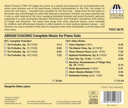 Abram Chasins. Complete Music For Piano Solo - CD Audio di Margarita Glebov - 2