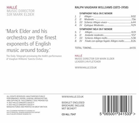 Sinfonie n.4, n.6 - CD Audio di Ralph Vaughan Williams,Hallé Orchestra,Mark Elder - 2
