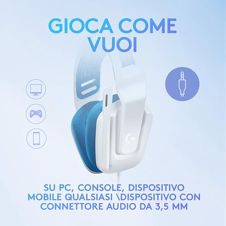 Logitech G335 Cuffie Gaming Cablate, Microfono Flip to Mute, Jack Audio da 3,5 mm, Padiglioni in Memory Foam, Leggera, Compatibile con PC, PlayStation, Xbox, Nintendo Switch - Bianco - 3