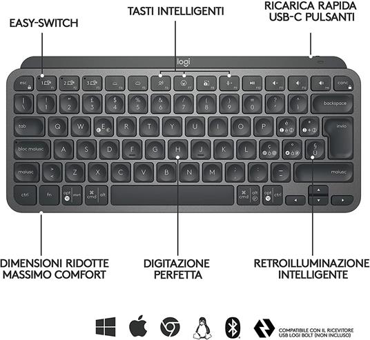 Logitech MX Keys Mini Tastiera Illuminata Wireless, Minimal, Compatta,  Bluetooth, Retroilluminata, USB-C, Compatibile con Apple macOS, iOS,  Windows, Linux, Android, in Metallo - Logitech - Informatica | IBS