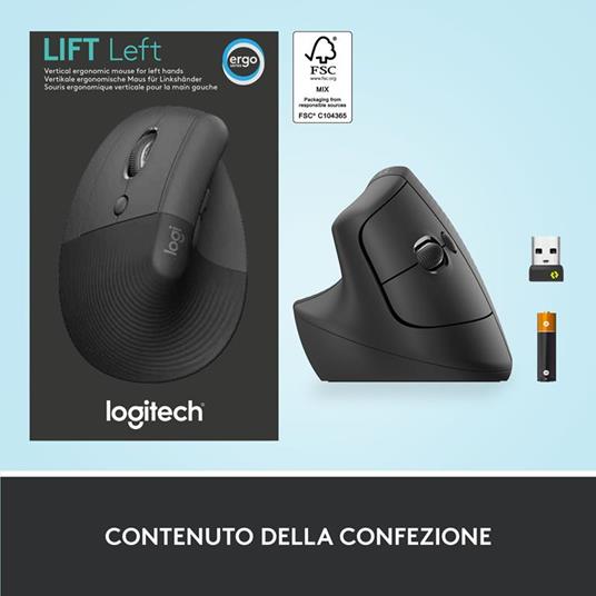 Logitech Lift Left Mouse Ergonomico Verticale, per Mancini, Senza Fili,  Bluetooth o Logi Bolt USB, Clic Silenziosi, 4 Tasti, Compatibile con  Windows / macOS / iPadOS, Laptop, PC. Grafite - Logitech - Informatica | IBS