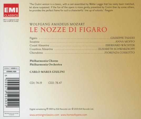 Le nozze di Figaro - CD Audio di Wolfgang Amadeus Mozart,Carlo Maria Giulini,Fiorenza Cossotto,Elisabeth Schwarzkopf,Giuseppe Taddei,Philharmonia Orchestra - 2