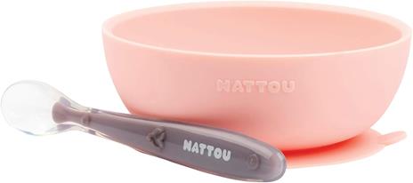 Nattou 879590 - Set di stoviglie per bambini in silicone antiscivolo + cucchiaio, senza BPA, colore: Rosa/Viola